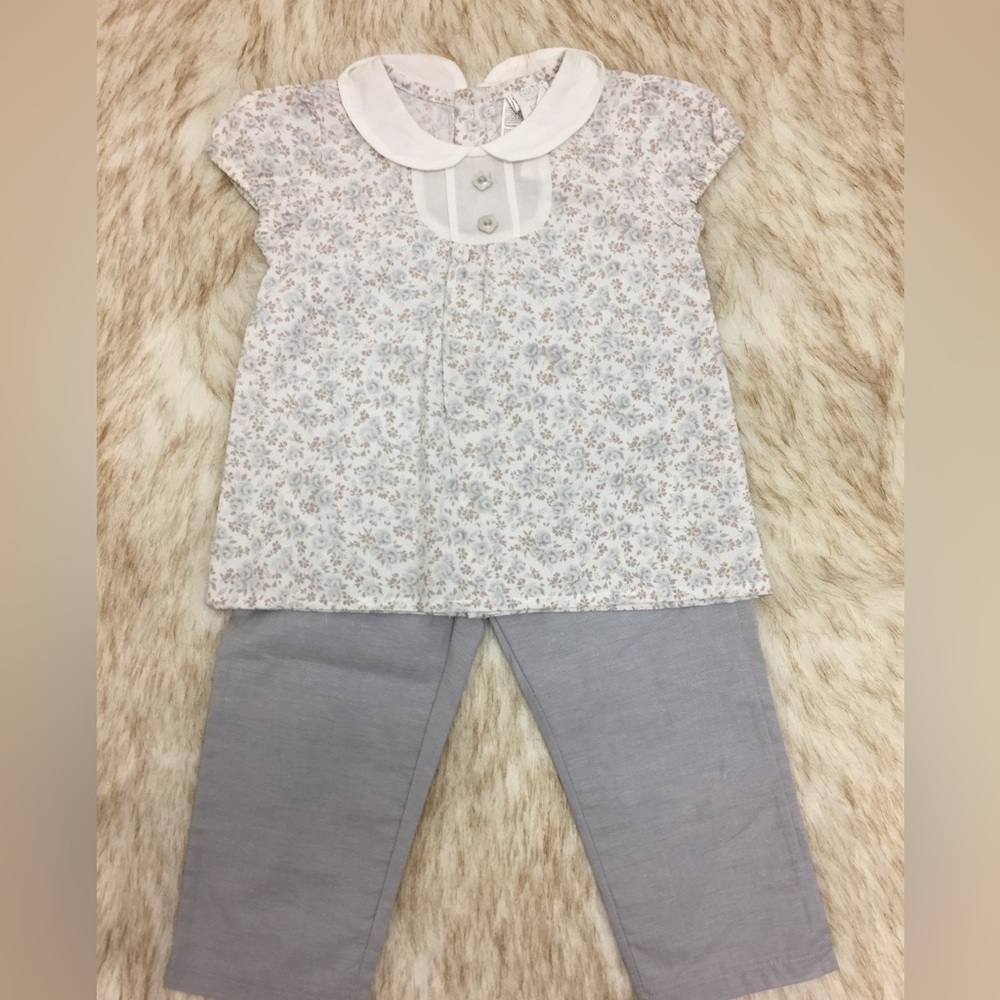 Two piece set. Collar top and gray pants.